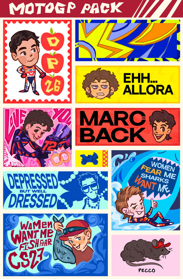 MotoGP stickerpack. CSP, Adobe Illustrator + InDesign. 2026.